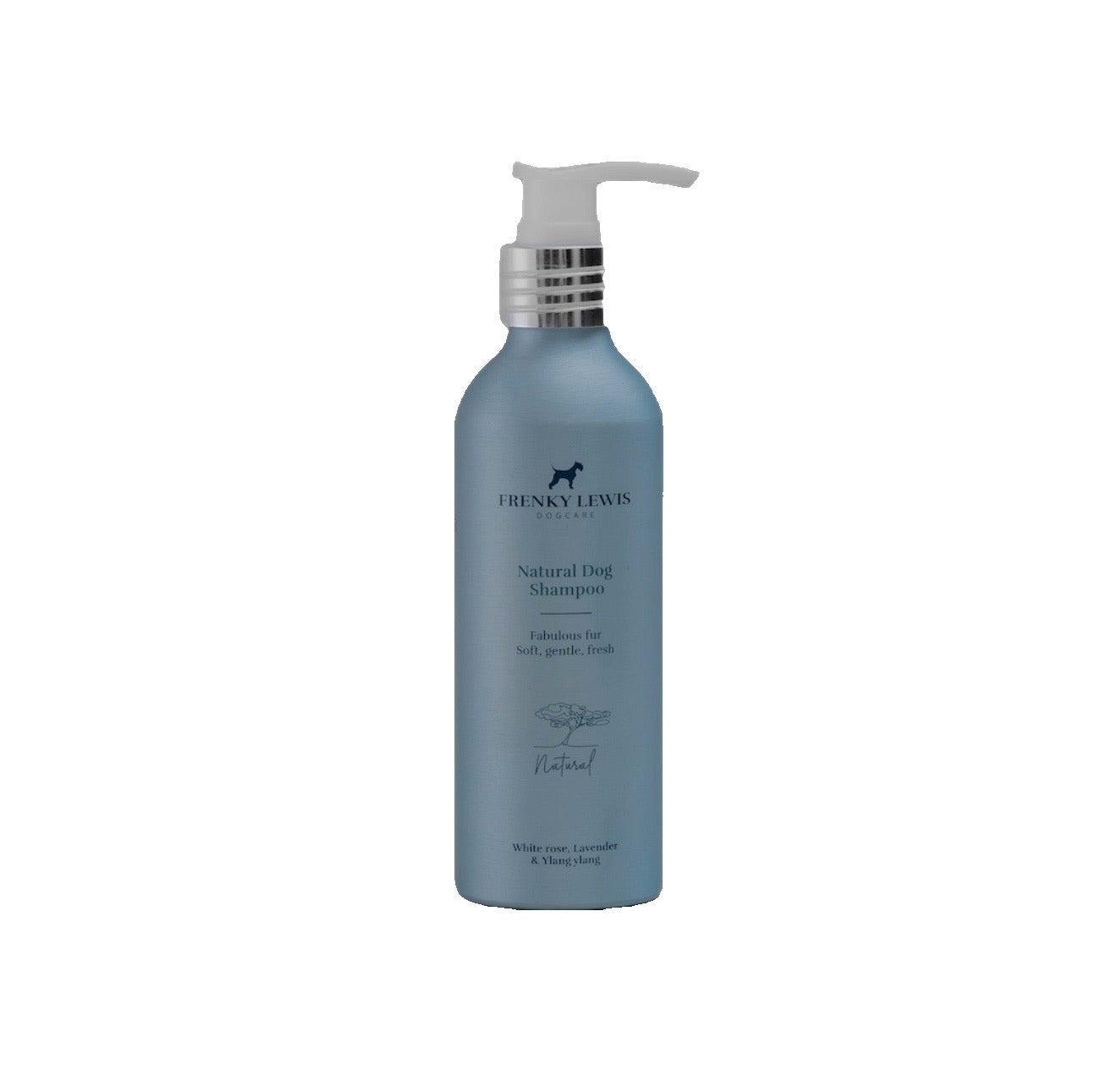 Blue bottle of Frenky Lewis Natural Dog Shampoo on a white background